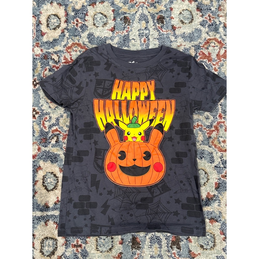 Pokemon T-Shirt Boys Small‎ Grey Happy Halloween Pikachu Pumpkin EUC